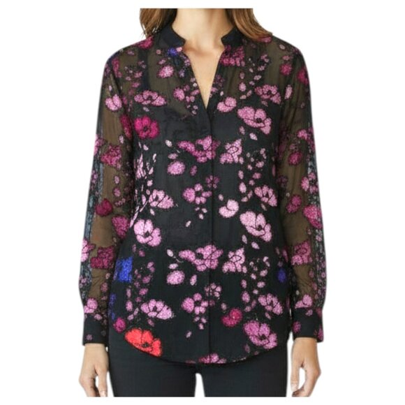 Alice + Olivia Velvet Flocked Sheer Chiffon Floral Blouse Black Size XS - Picture 11 of 13